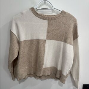 Poof Apparel Colorblock Knit Pullover Sweater, Beige White, Knit, S